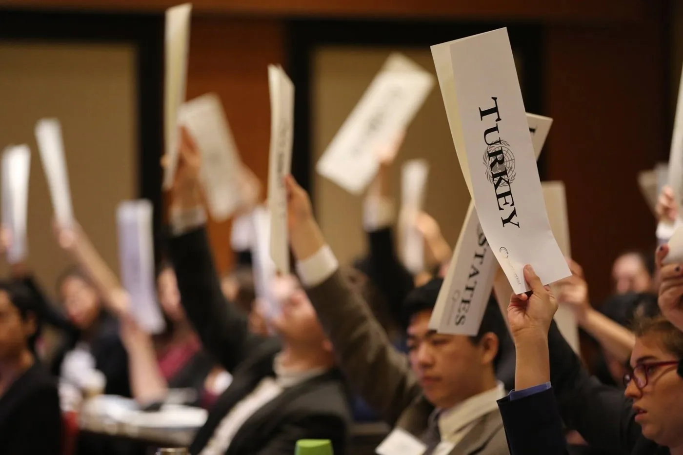 Delegates raising country placards during an NWMUN committee session